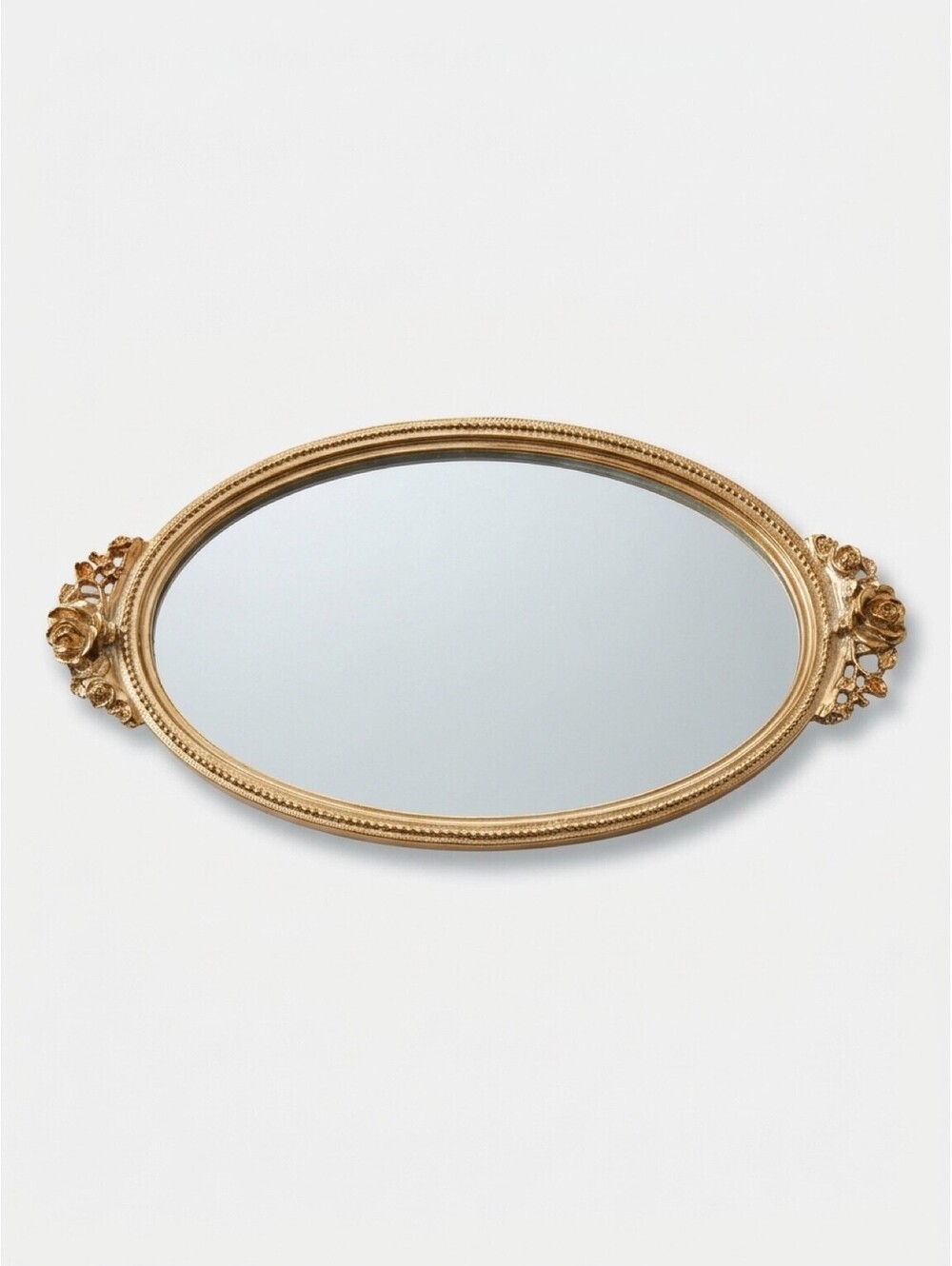Vintage Gold Tone Oval Mirrored Vanity Tray Roses Hollywood Regency Ornate